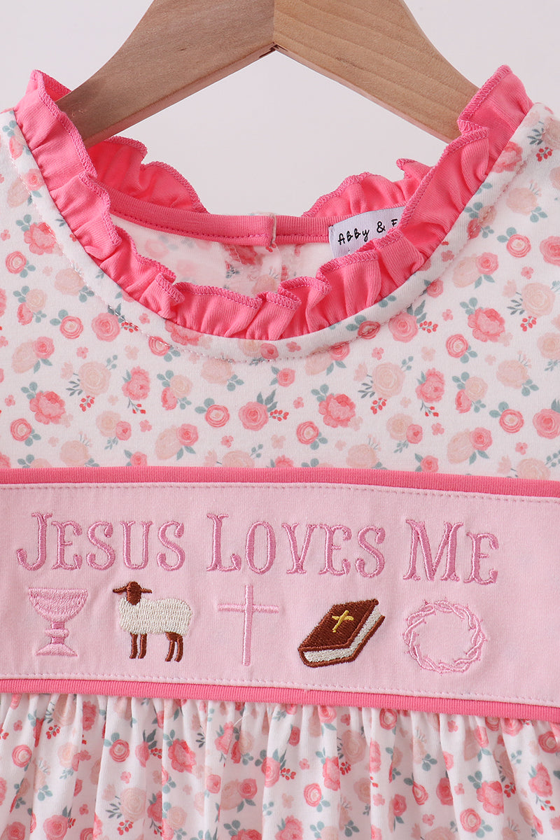 Pink Jesus Loves Me Embroidery Romper Honeydew