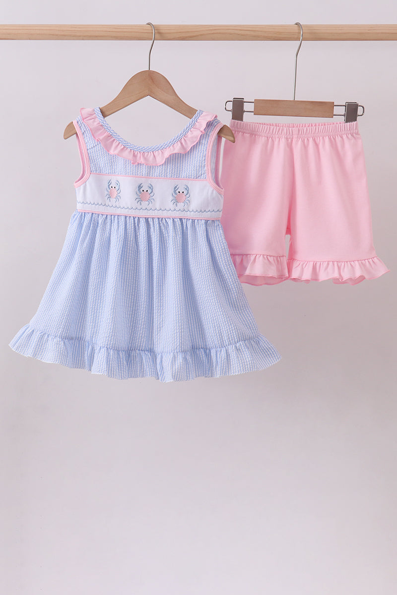 Blue Crab Embroidery Seersucker Ruffle Short Set Honeydew