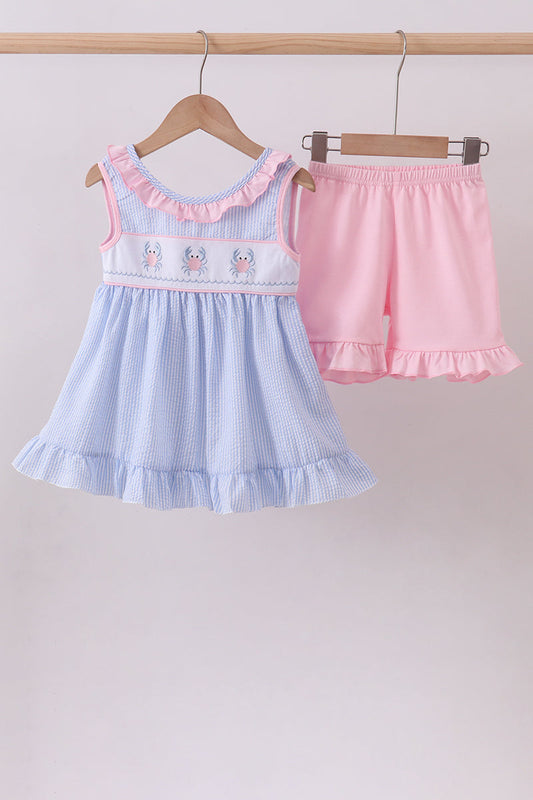 Blue Crab Embroidery Seersucker Ruffle Short Set Honeydew