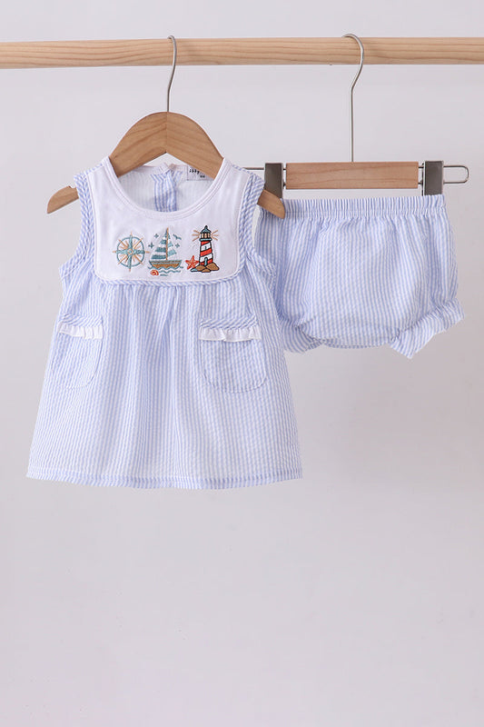 Blue Sailboat Embroidery Ruffle Bloomer Set Honeydew