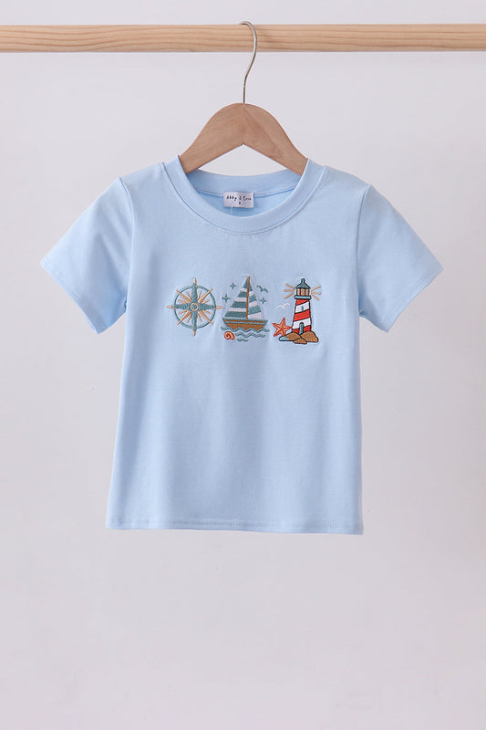 Blue Sailboat Embroidery Top Honeydew