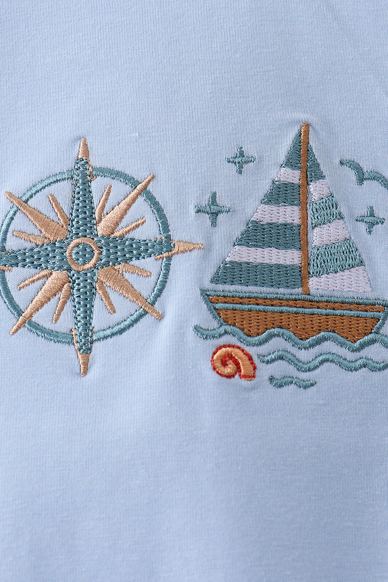Blue Sailboat Embroidery Top Honeydew