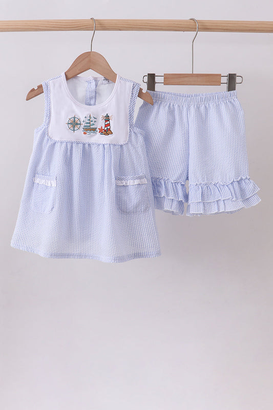 Blue Sailboat Embroidery Ruffle Shorts Set Honeydew