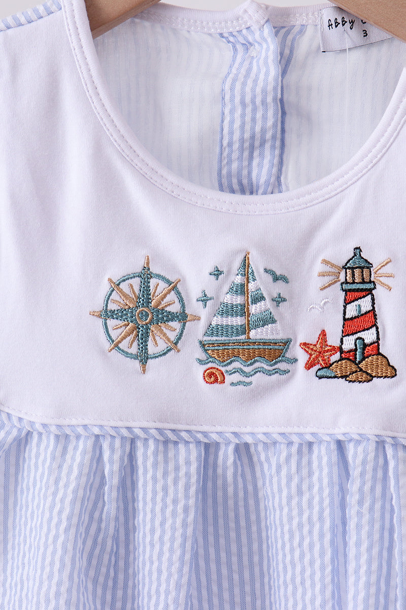 Blue Sailboat Embroidery Ruffle Shorts Set Honeydew