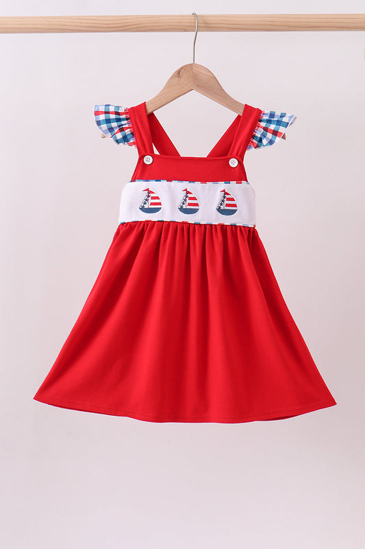 Red Sailboat Embroidery Dress Honeydew