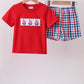 Red Sailboat Embroidery Plaid Shorts Set Honeydew