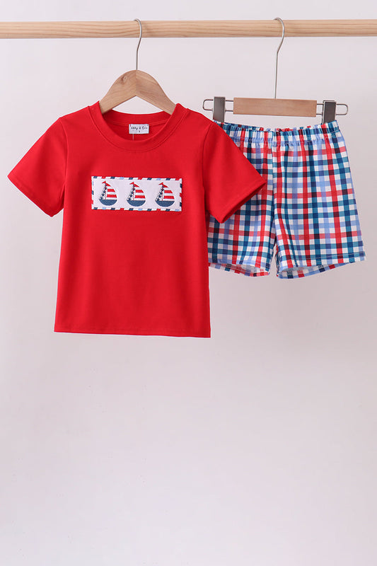 Red Sailboat Embroidery Plaid Shorts Set Honeydew