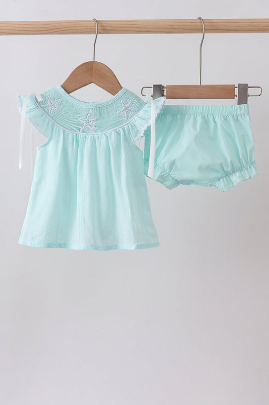 Blue Starfish Jacquard Ruffle Bloomer Set Honeydew