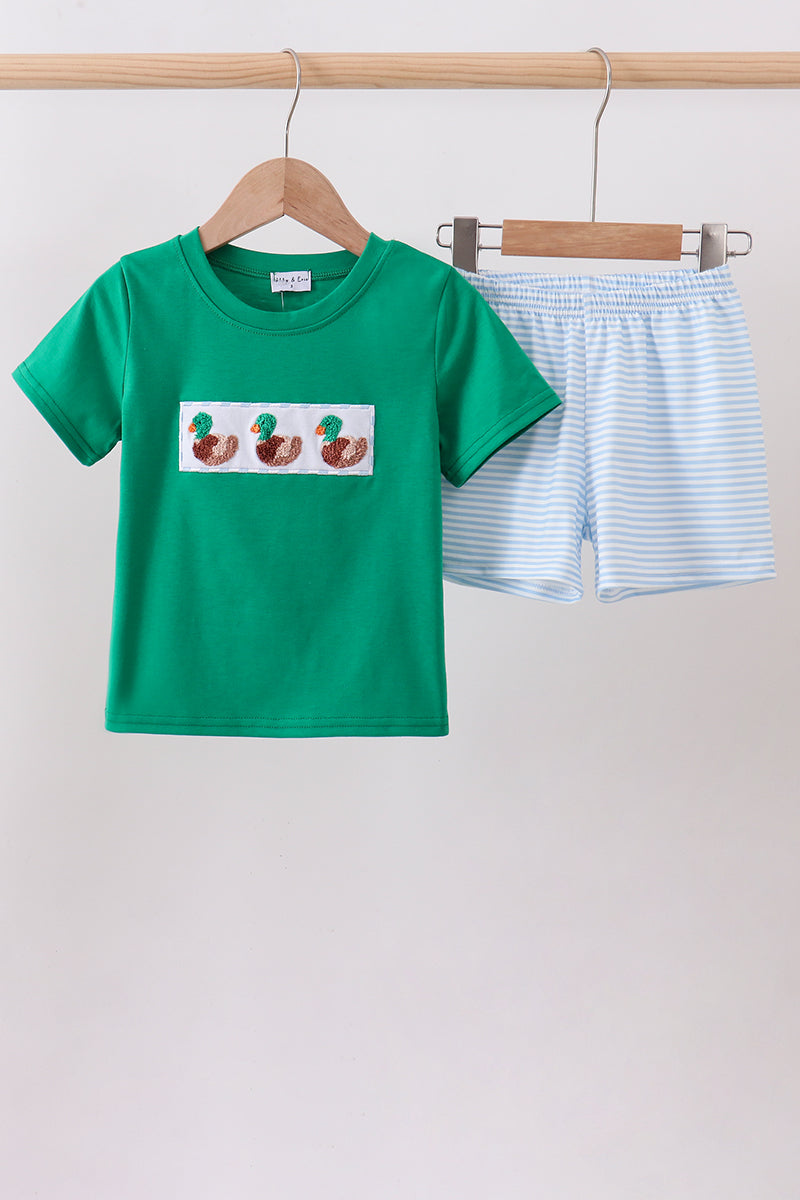 Green Duck French Knot Stripes Boys Short Set Honeydew