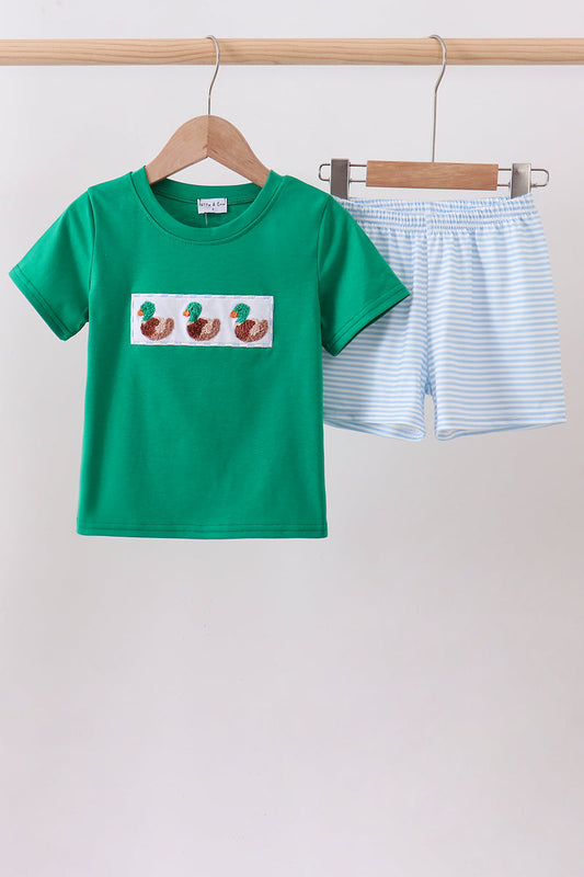 Green Duck French Knot Stripes Boys Short Set Honeydew