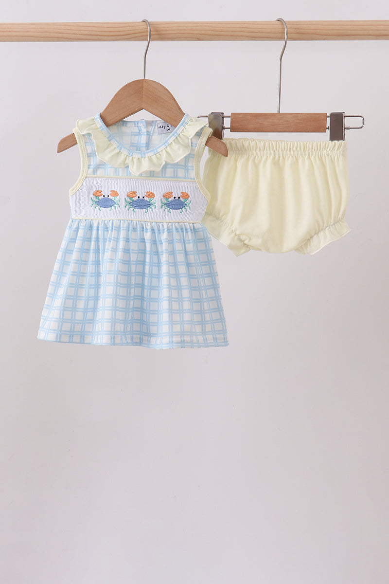 Yellow Crab Smocked Gingham Girl Bloomer Set Honeydew