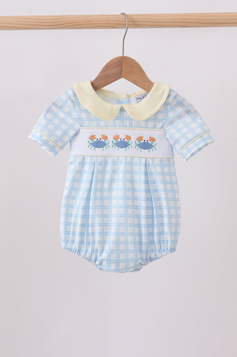 Yellow Crab Smocked Gingham Boy Collared Bubble Honeydew