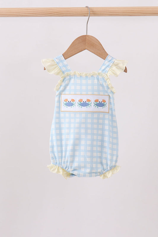 Yellow Crab Smocked Gingham Ruffle Bubble Honeydew