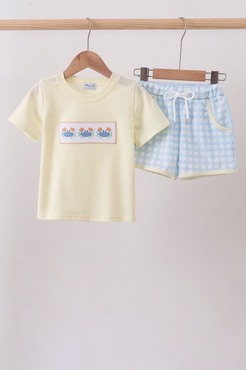Yellow Crab Smocked Gingham Boy Shorts Set Honeydew