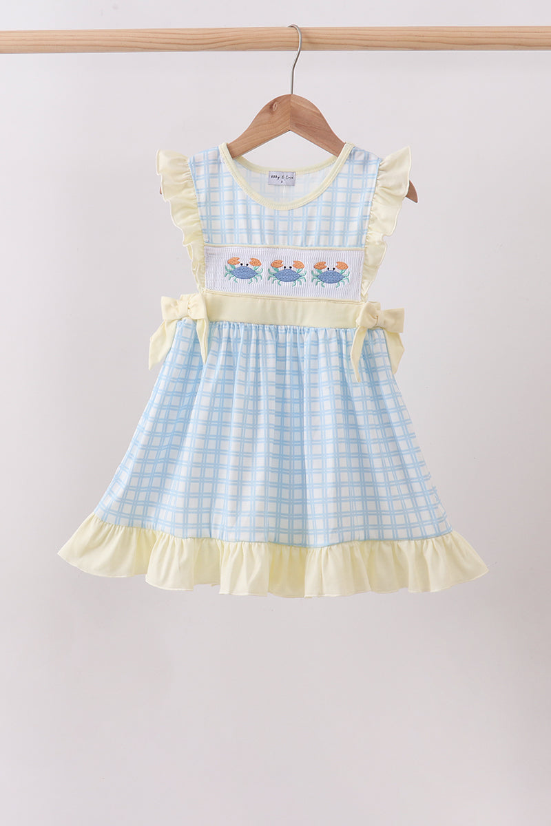 Yellow Crab Smocked Gingham Ruffle Dress Honeydew