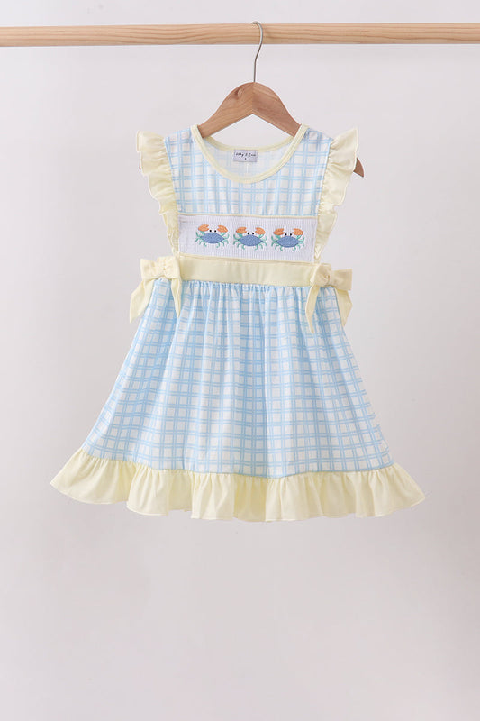 Yellow Crab Smocked Gingham Ruffle Dress Honeydew