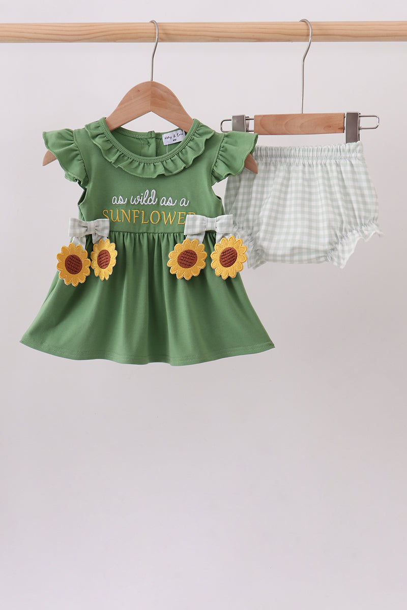 Green Sunflower Applique Bloomer Set Honeydew