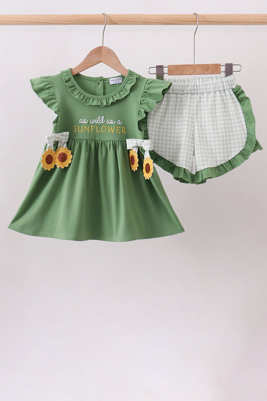 Green Sunflower Applique Shorts Set Honeydew