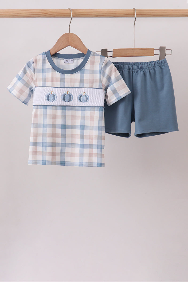 Blue Pumpkin Embroidery Gingham Short Set Honeydew