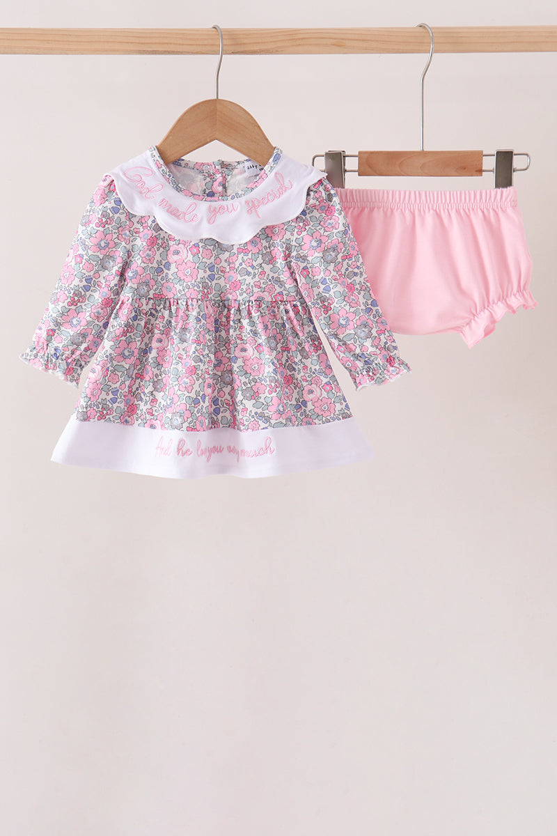 Pink Floral Embroidery "God Made you Special" Bloomer Set Honeydew