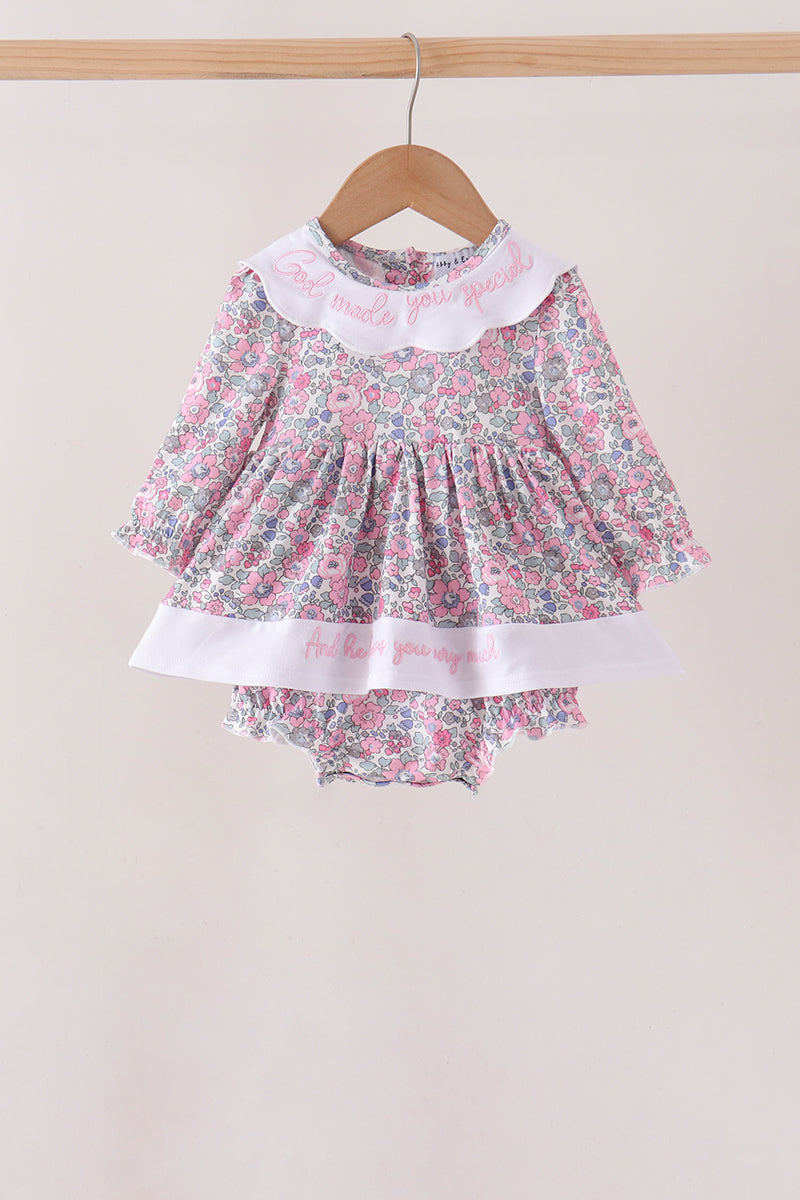 Pink Floral Embroidery "God Made you Special" Skirted Bubble Honeydew