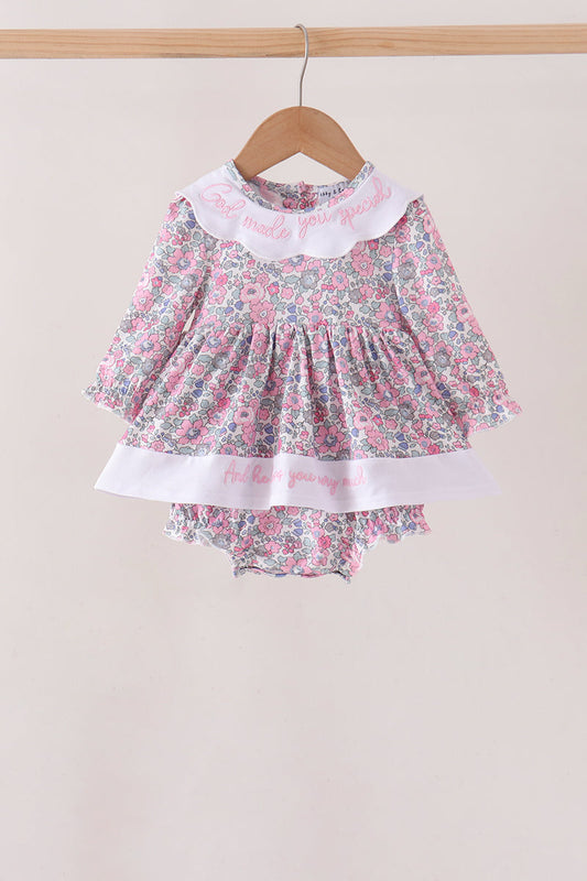 Pink Floral Embroidery "God Made you Special" Skirted Bubble Honeydew