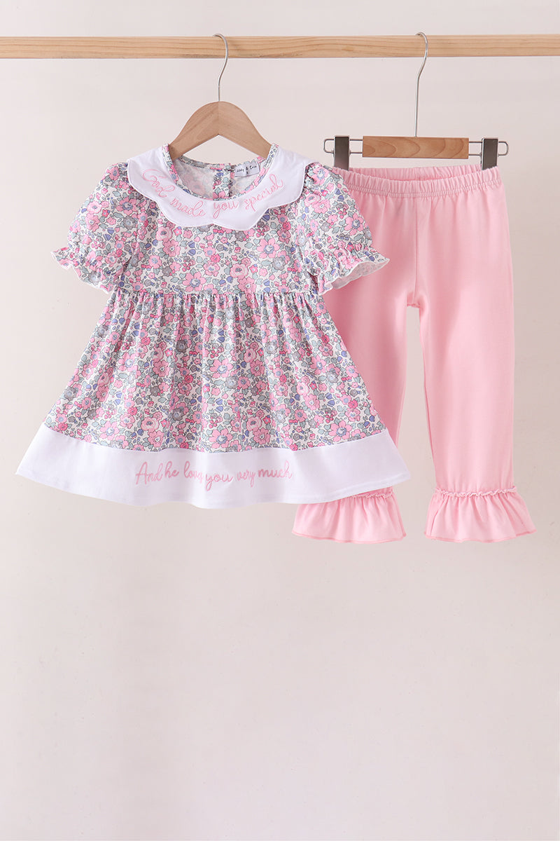 Pink Floral Embroidery "God Made you Special" Pants Set Honeydew