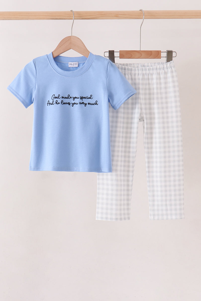Blue Embroidery "God Made you Special" Boys Pants Set Honeydew