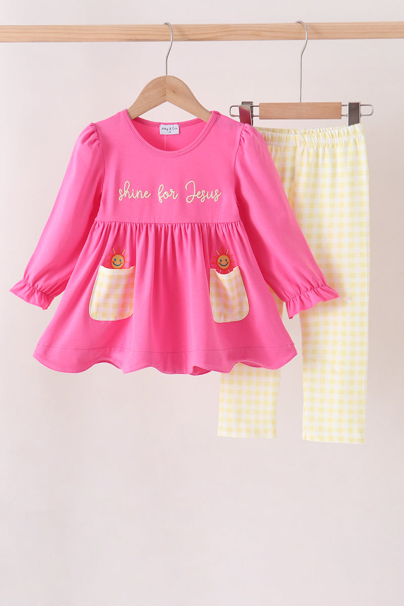 Pink Shine for Jesus Embroidery Pants Set Honeydew