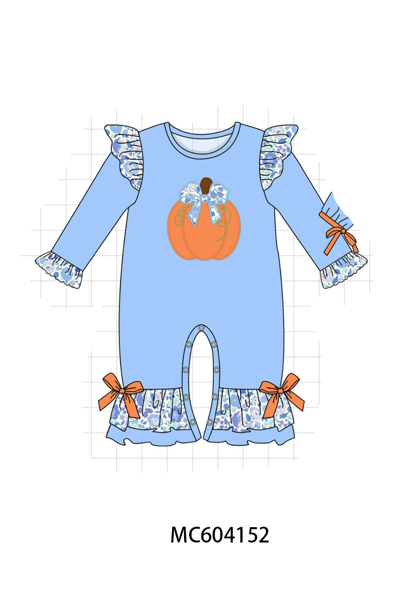 Blue Pumpkin Applique Ruffle Romper Honeydew