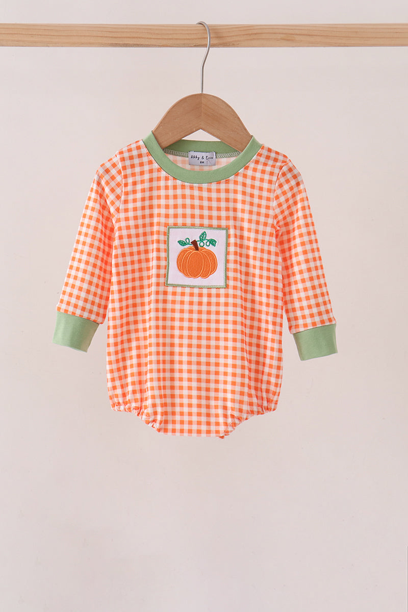 Orange Pumpkin Embroidery Gingham Boy Bubble Honeydew