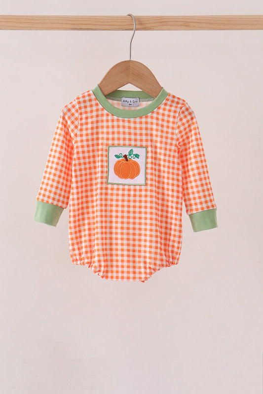 Orange Pumpkin Embroidery Gingham Boy Bubble Honeydew