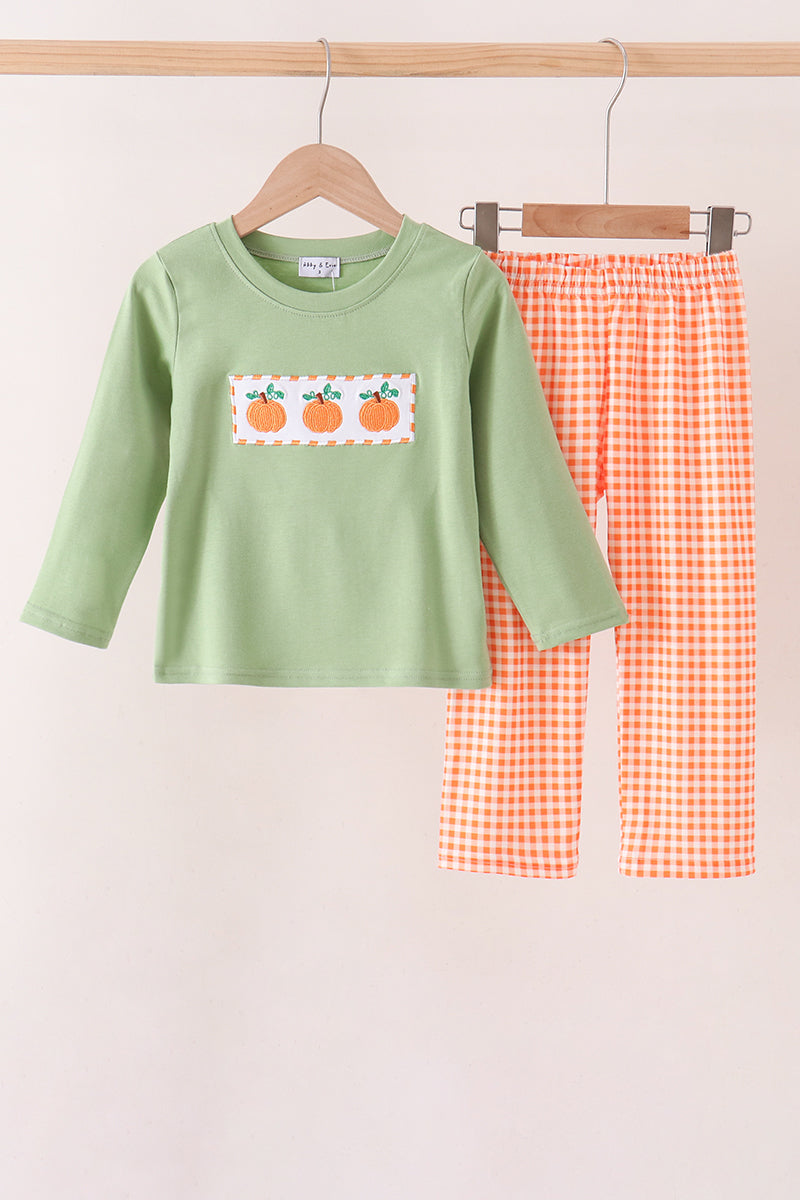 Sage Pumpkin Embroidery Gingham Pants Set Honeydew