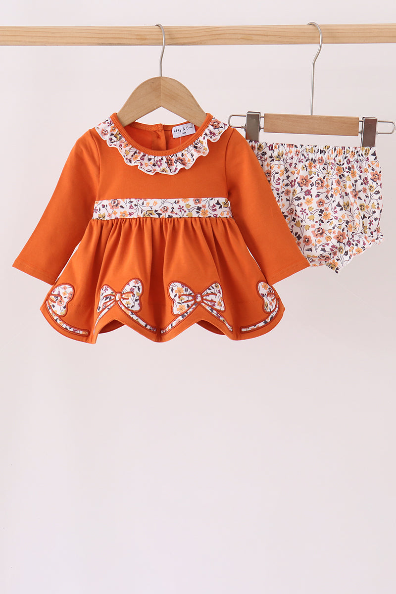 Orange Rust Floral Bow Ruffle Bloomer Set Honeydew