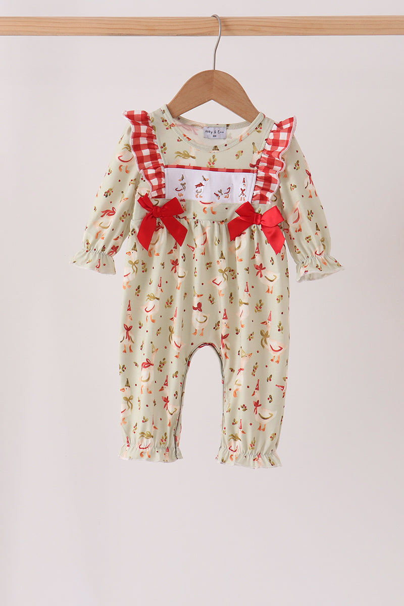 Holiday Goose Girl Ruffle Bow Embroidery Girl Romper Honeydew