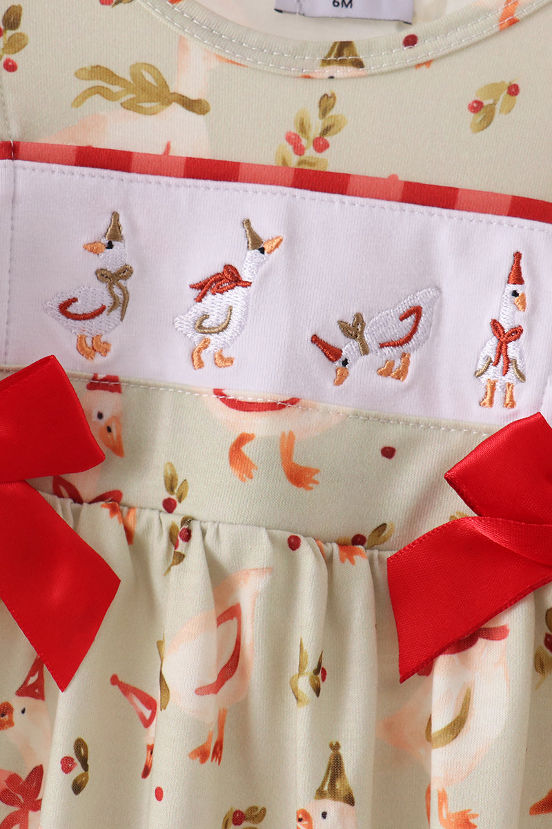 Holiday Goose Girl Ruffle Bow Embroidery Girl Romper Honeydew