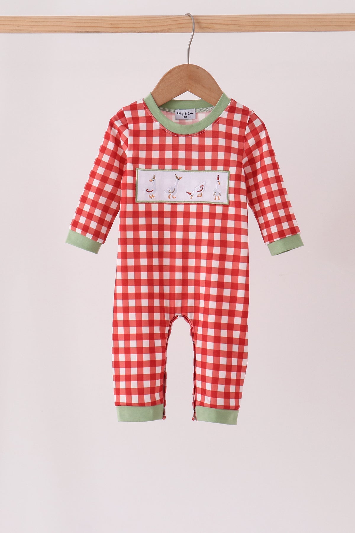 Holiday Plaid Goose Embroidery Boy Romper Honeydew