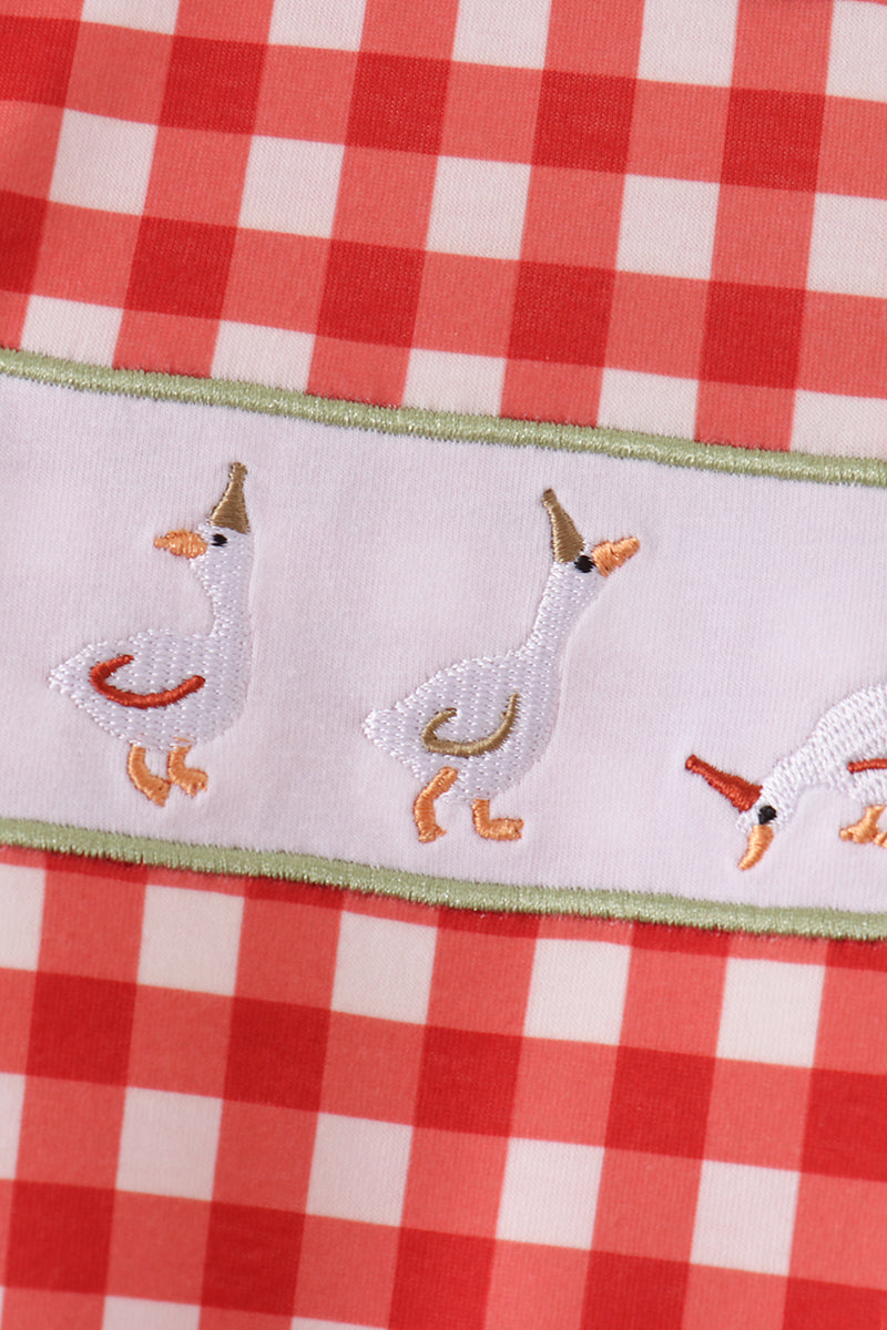 Holiday Plaid Goose Embroidery Boy Romper Honeydew