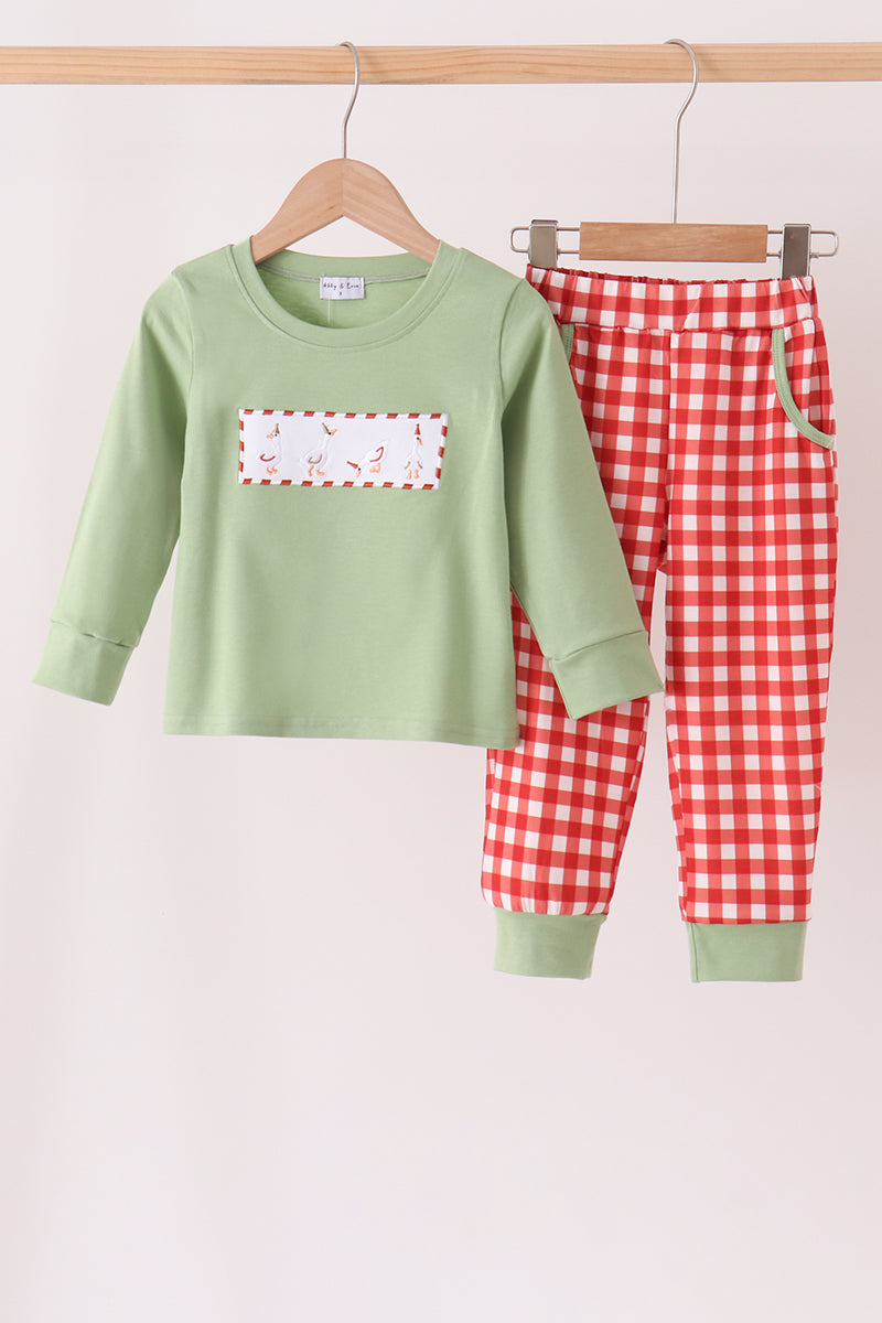 Holiday Plaid Goose Embroidery Boy Pants Set Honeydew