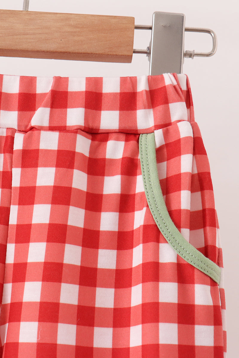 Holiday Plaid Goose Embroidery Boy Pants Set Honeydew