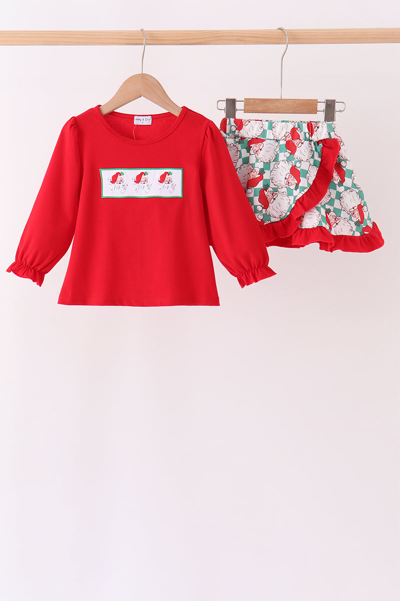 Red Santa Embroidery Girl Ruffle Skort Set Honeydew