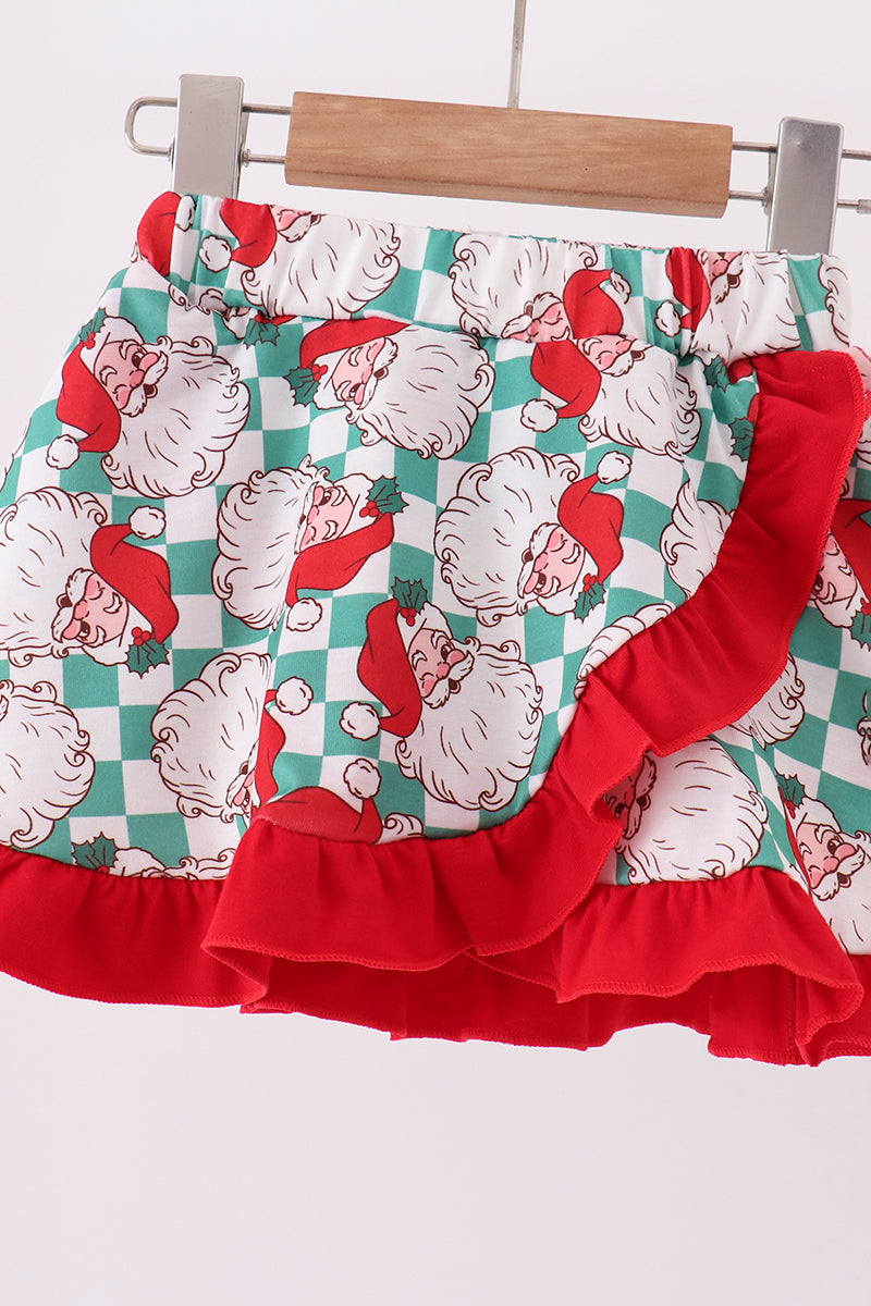 Red Santa Embroidery Girl Ruffle Skort Set Honeydew