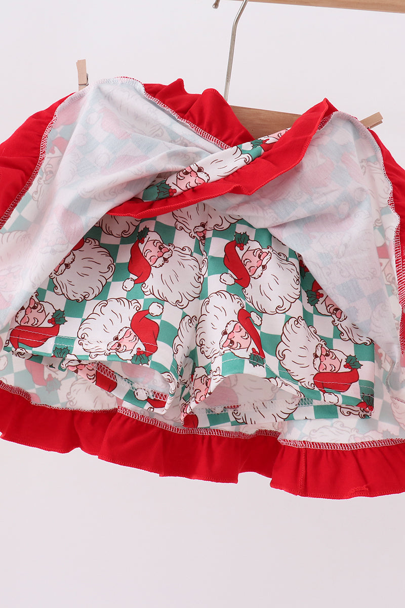 Red Santa Embroidery Girl Ruffle Skort Set Honeydew