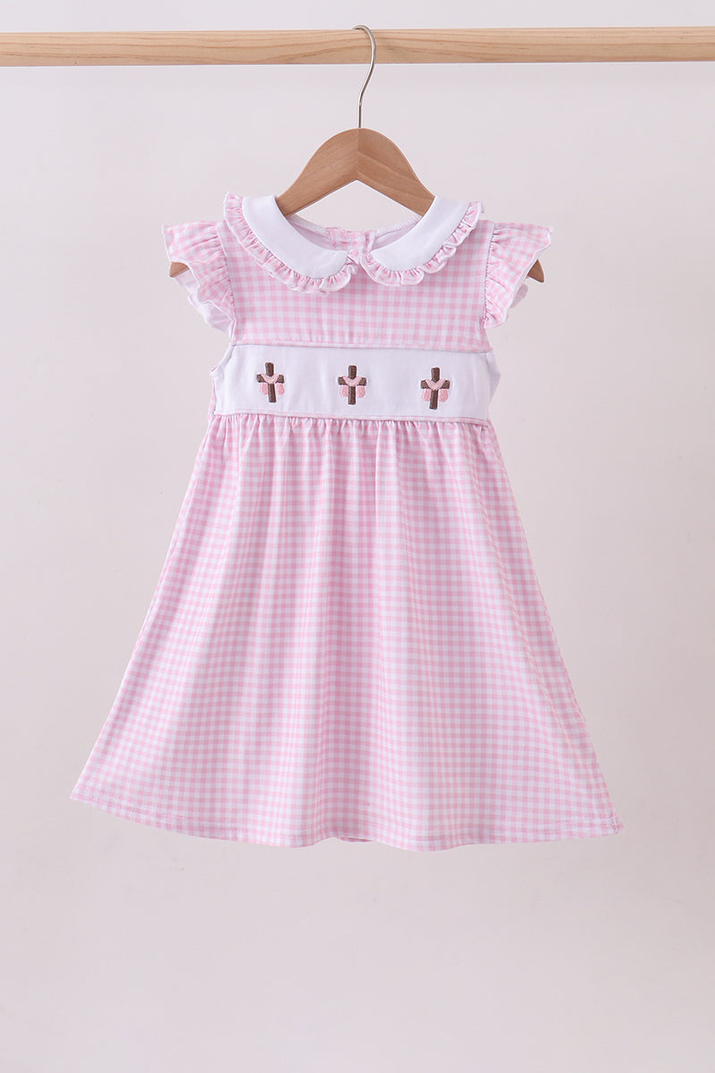 Pink Cross Embroidery Gingham Ruffle Dress Honeydew