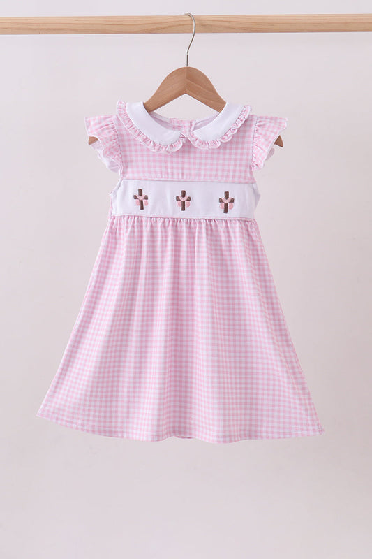 Pink Cross Embroidery Gingham Ruffle Dress Honeydew