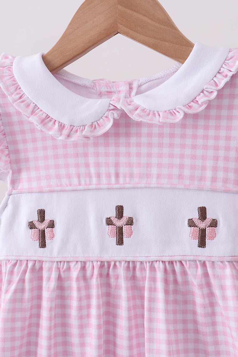 Pink Cross Embroidery Gingham Ruffle Dress Honeydew