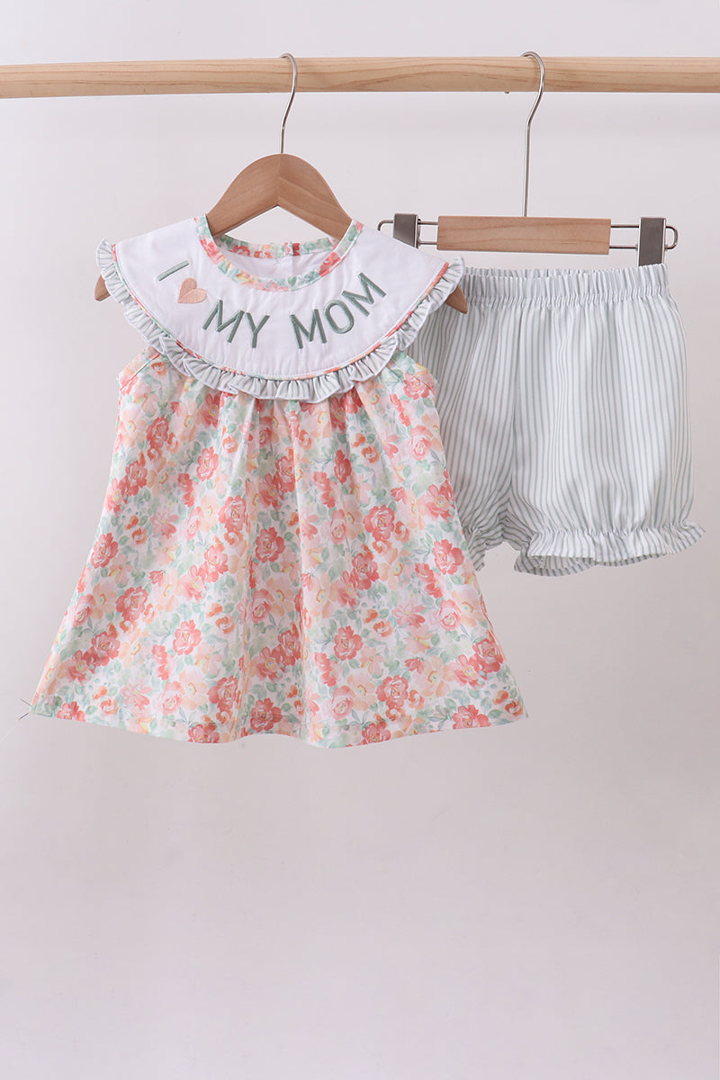 Premium Floral I Love My Mom Embroidery Bloomer Set Honeydew