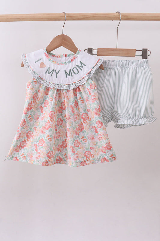 Premium Floral I Love My Mom Embroidery Bloomer Set Honeydew