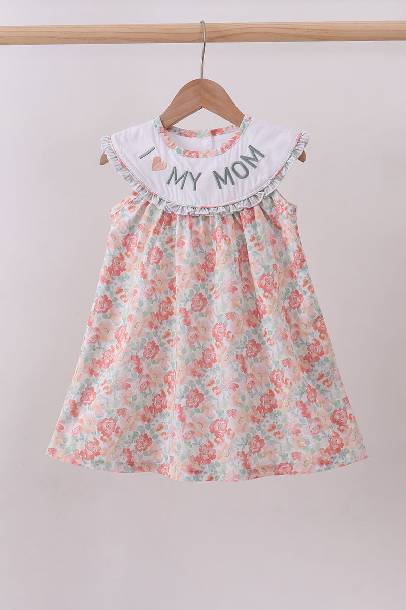 Premium Floral I Love My Mom Embroidery Dress Honeydew