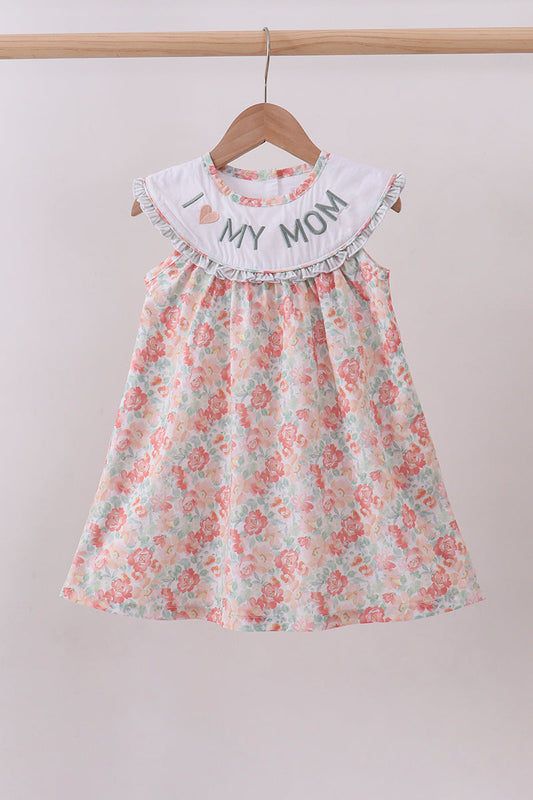 Premium Floral I Love My Mom Embroidery Dress Honeydew